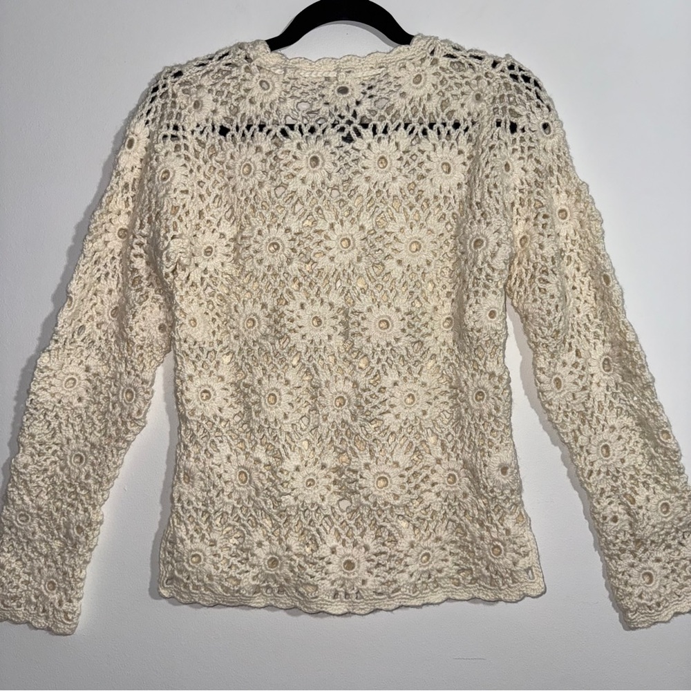 Boho Crochet Floral Knit Sweater Cream Handknit by Express‎ Size Small - Picture 2 of 12